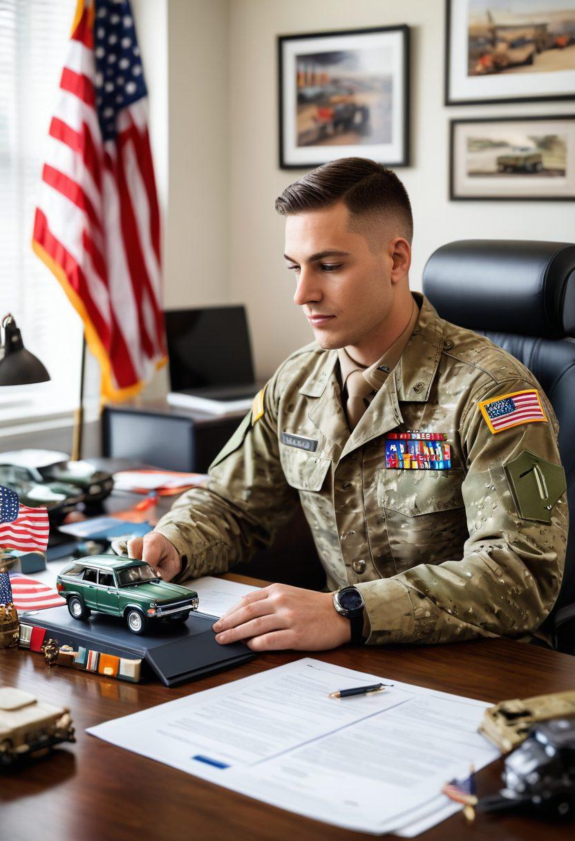 A military serviceman reviewing car insurance options at a desk, surrounded by vehicles representing different types of coverage. In the background, visual elements representing military life and community support, like flags and family photos. The vibe should be informative yet welcoming, emphasizing affordability and comprehensive care. Use bright colors and a clean layout. super-realistic. vibrant colors. white background.