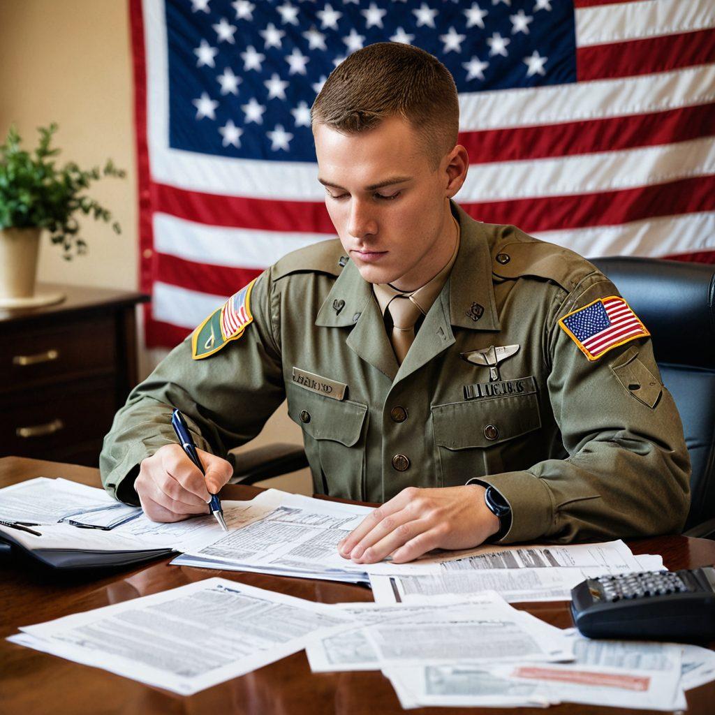 A serene military scene featuring a soldier in uniform reviewing car insurance documents beside a modest car. Include elements like a faded American flag in the background and a calculator with savings shown on the table. Create a warm, inviting atmosphere to convey financial security and support for military families. super-realistic. warm colors. soft focus.