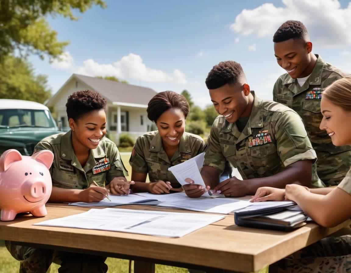 A serene scene showcasing a diverse group of armed forces personnel reviewing budget-friendly auto insurance documents at a picnic table under a sunny sky. Include symbols of savings, such as a piggy bank and calculators, alongside military insignia in the background. The mood should be optimistic and collaborative, highlighting community support. super-realistic. vibrant colors. white background.